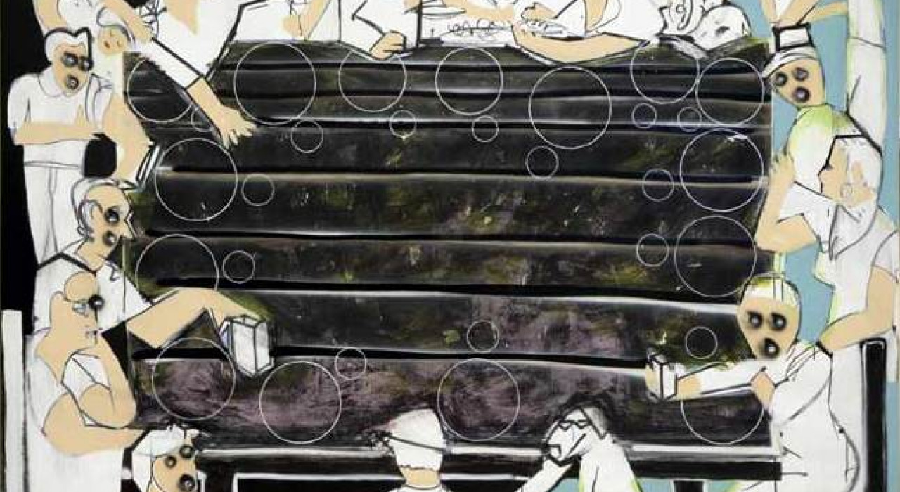 Miguel Ángel Barba. La penúltima cena. 2007. Óleo, acrílico, esmalte sintético, tinta china y ceras / tela. 204 x 265,5 cm.