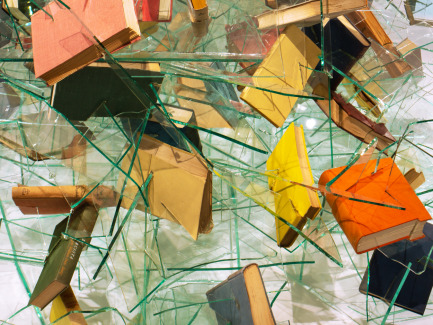 Alicia Martín. Glass delusion. Instalación realizada con fragmentos de cristales y libros. 